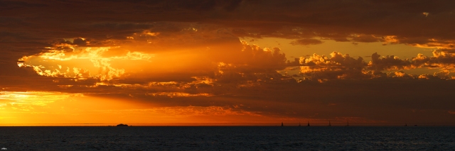 Sailing at sunset at the ocean